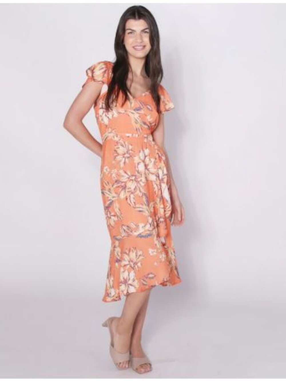 PARKER & ROWE BEAUTIFUL CORAL FLORAL FRONT WRAP DRESS, SZ. L